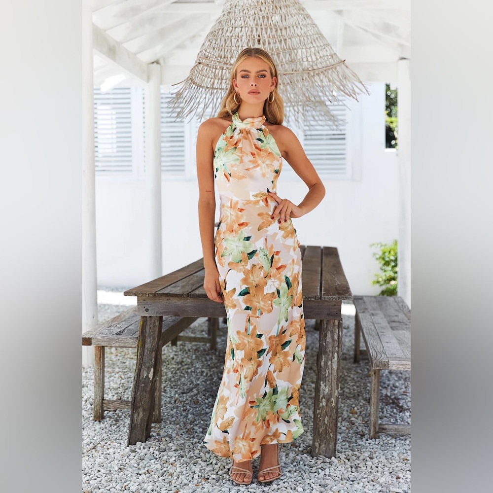 HELLO MOLLY “Simply Sleek” Orange Cream and Green Floral Halter Maxi Dress